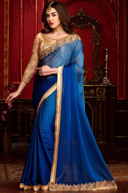saris bleu en mousseline brodée