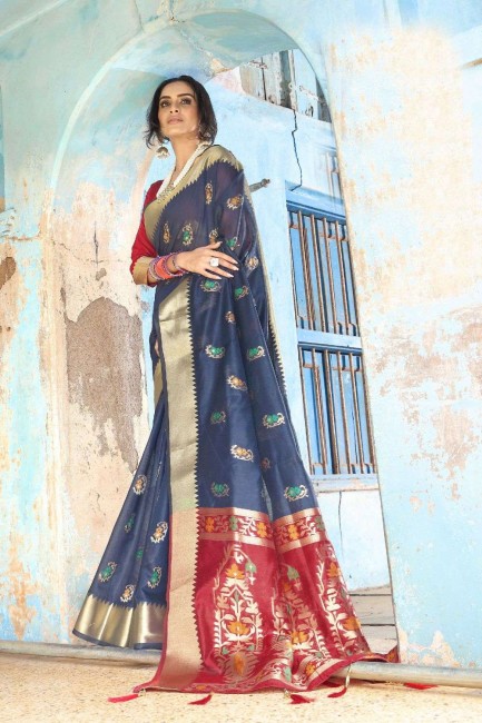 bleu soie handloom sud sari indien