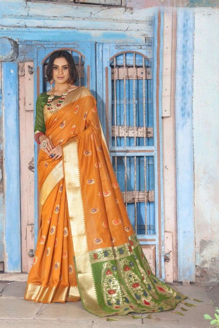 handloom soie Musterd sari sud de l'Inde