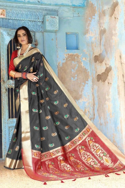 soie noire handloom sud sari indien