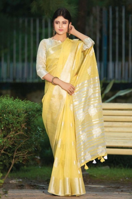 coton jaune et lin sari