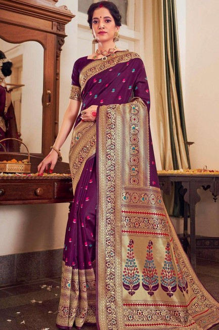 Purple Jacquard And Silk  South Indian Saree