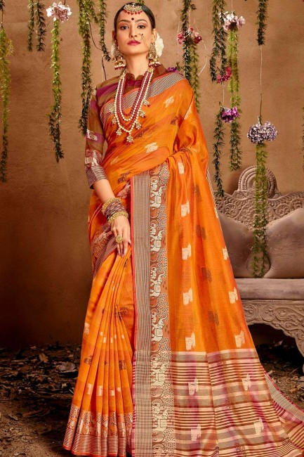Sari Indien Du Sud En Coton Orange