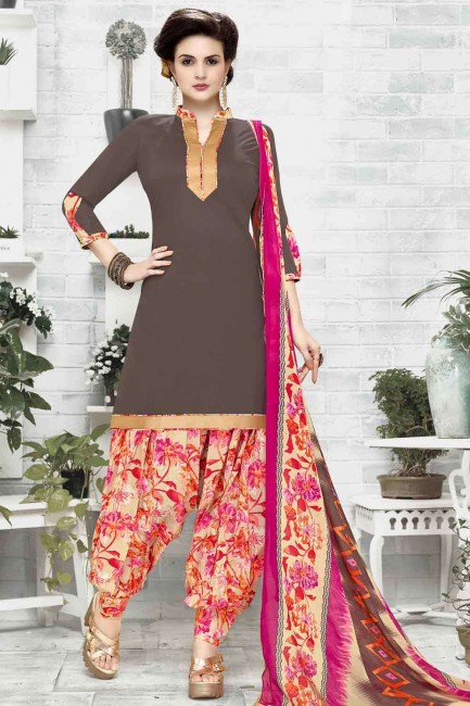 Brown Patiala Suit in Cotton with Printed