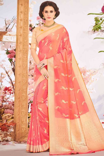 pink banarasi raw silk sari with