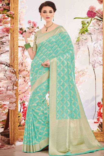 Saree Banarasi en soie brute en turquoise avec chemisier