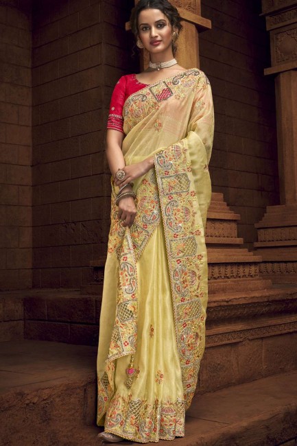 saris jaune organza brodé avec chemisier