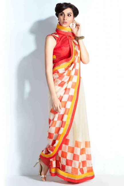 saris imprimé en soie de métier à main blanc off