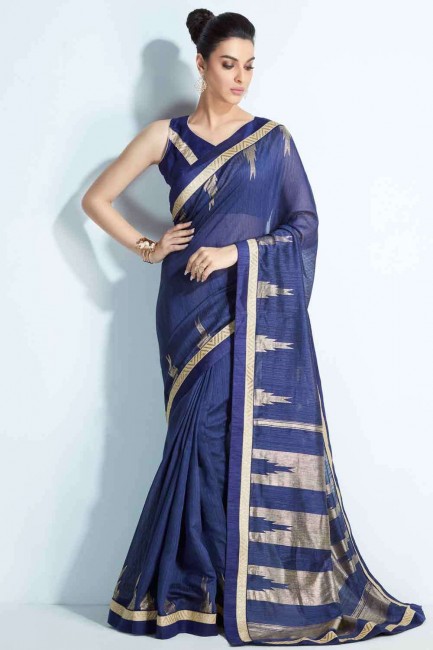 saris bleu imprimé en soie tissée à la main avec chemisier