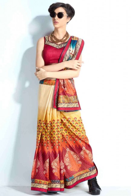 saris multicolore en soie tissée à la main avec imprimé