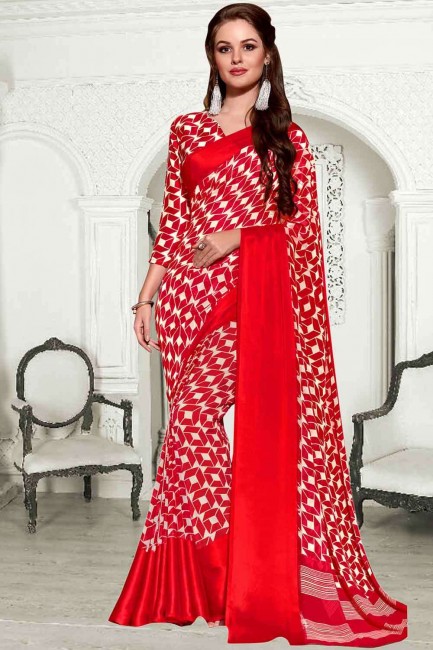 sari imprimé rouge en georgette