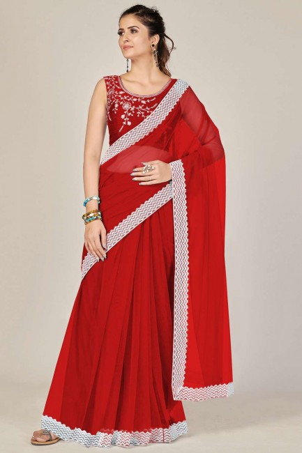 saris rouge en filet avec bordure brodée en dentelle