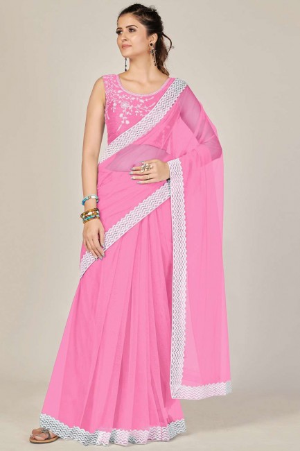 saris rose clair avec filet de bordure brodé et dentelle