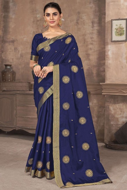 sari en soie imprimé bleu marine avec chemisier