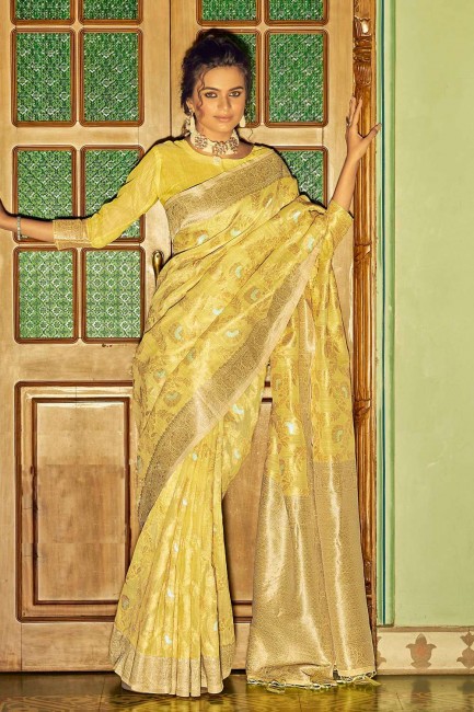 tissage sari jaune en lin avec chemisier