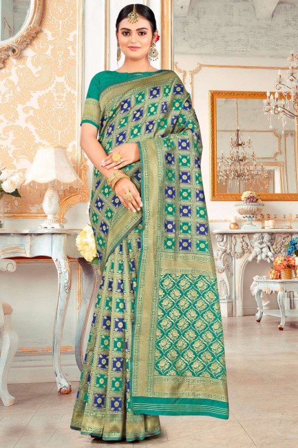 sari indien du sud en soie dorée et verte avec zari, brodé