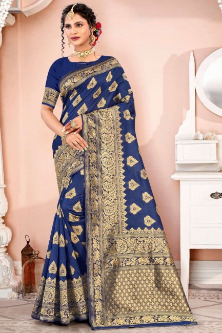 zari bleu marine, sari du sud de l'Inde en soie brodée