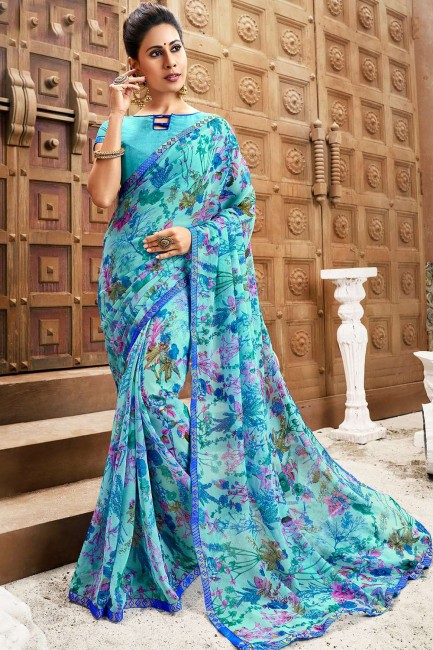 sari bleu en mousseline avec imprimé