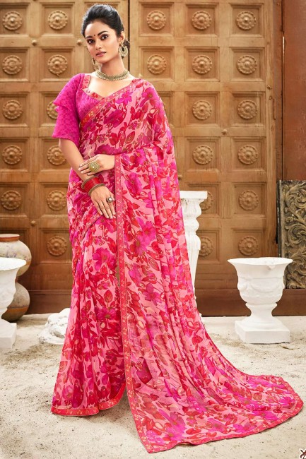 sari rose en mousseline à imprimé