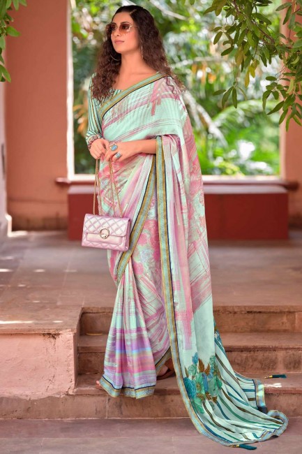 sari multicolore en mousseline imprimée avec chemisier