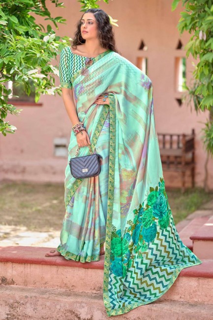 sari en mousseline verte avec imprimé