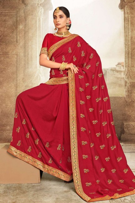 sari indien du sud en soie marron avec bordure en dentelle brodée