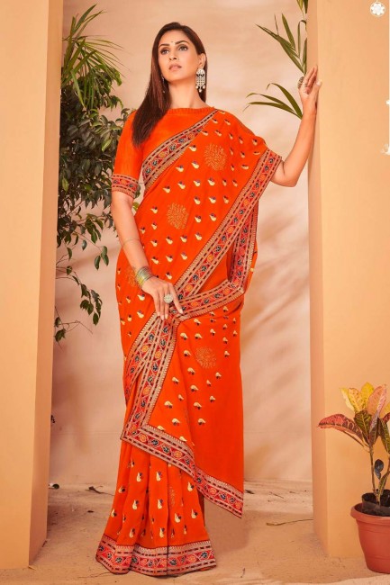 saris de soie chanderi en orange avec pierre, brodé