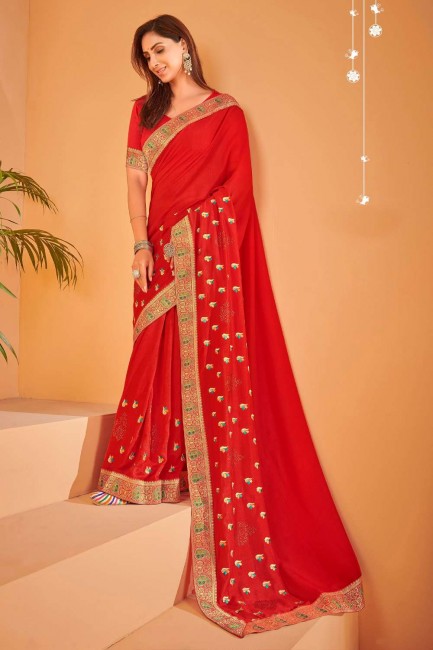 pierre de soie chanderi, sari rouge brodé avec chemisier