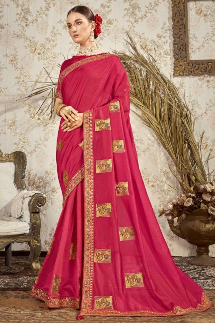 sari rose avec zari, soie brodée