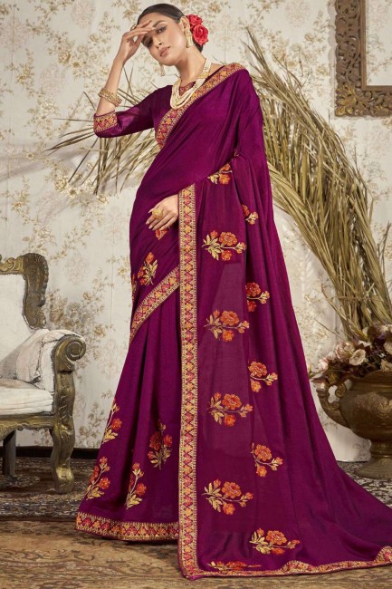 zari, saris de soie brodé en violet avec chemisier