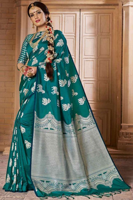 Banarasi en soie brute verte en sari de créateur
