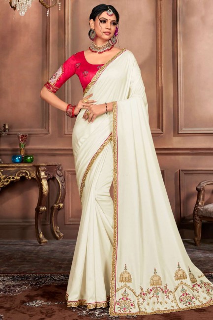 sari blanc cassé en soie avec bordure en dentelle