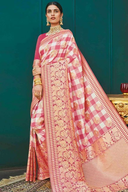 Banarasi en soie brute rose Banarasi sari avec chemisier