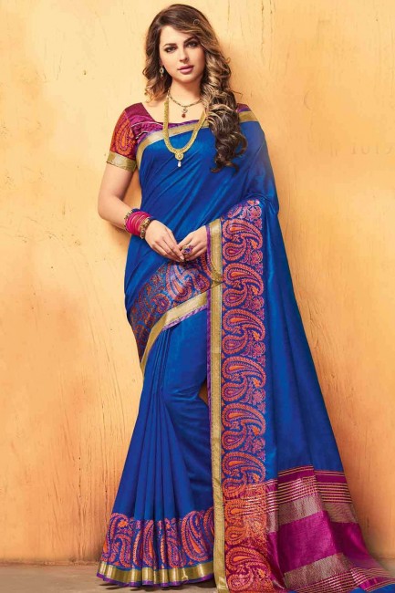 banarasi soie brute bleu en banarasi sari