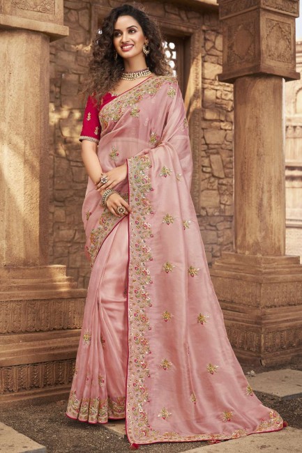 pierre, perles saris en organza rose clair