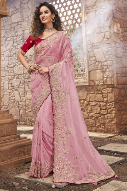 pierre, perles, paillettes sari en organza rose clair