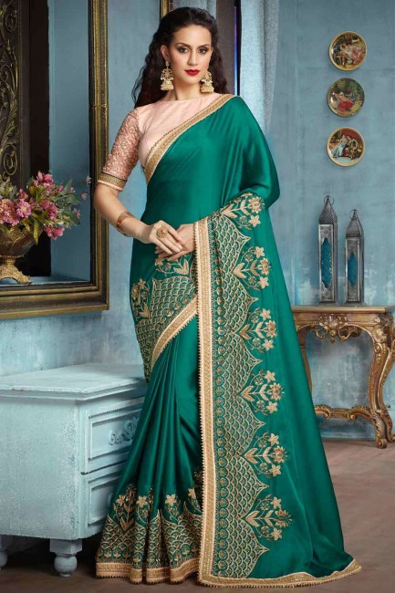 saris brodé en satin vert