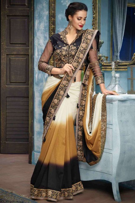 art soie sud indienne sari en multicolore avec brodé