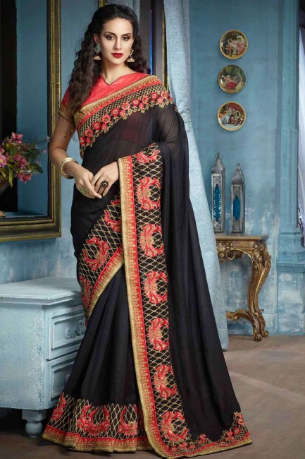 saris noir du sud de l’Inde avec de la soie d’art brodée