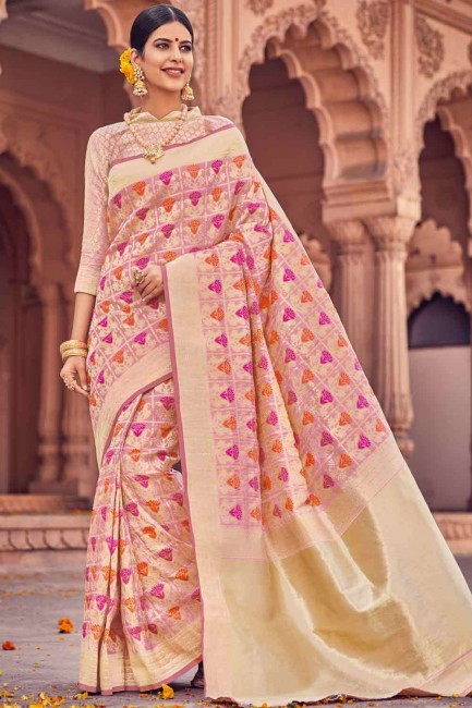 banarasi soie brute banarasi sari en rose avec
