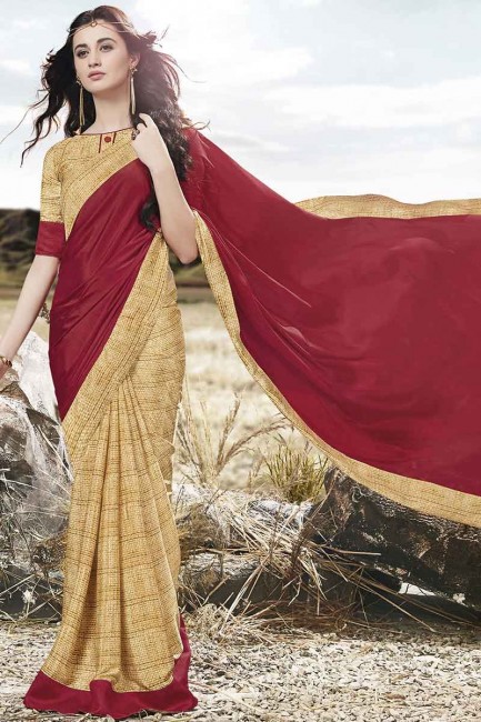 la crème et la couleur maron crêpe de soie avec bordure pashmina sari
