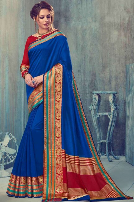 banarasi soie brute banarasi sari en bleu avec chemisier