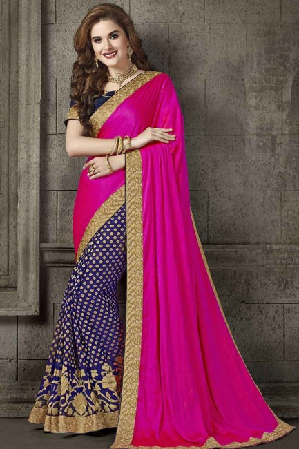 soie et viscose sari couleur rose et bleu
