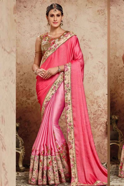 pêche et crêpe de couleur rose en mousseline de soie sari sari