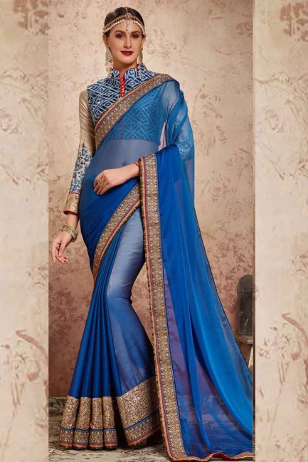 sarcelle en mousseline de soie couleur bleue sari