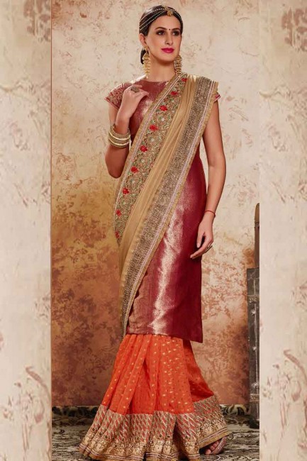 crème et briller lycra couleur rose georgette et demi Banarsi viscose georgette sari