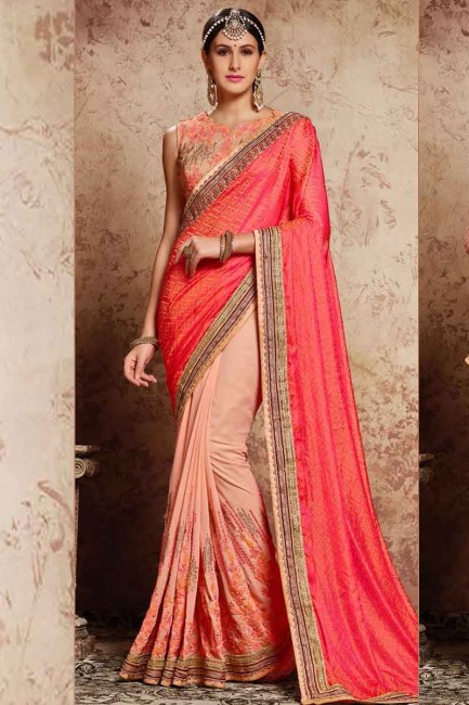 moitié couleur rose Banarsi jacquard et demi georgette sari
