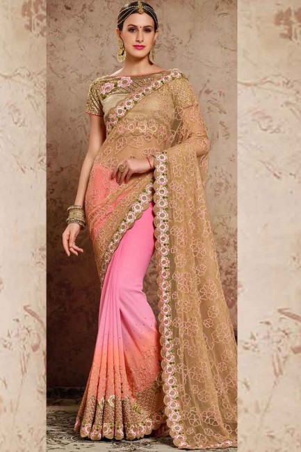 moitié multi couleur net et demi georgette sari