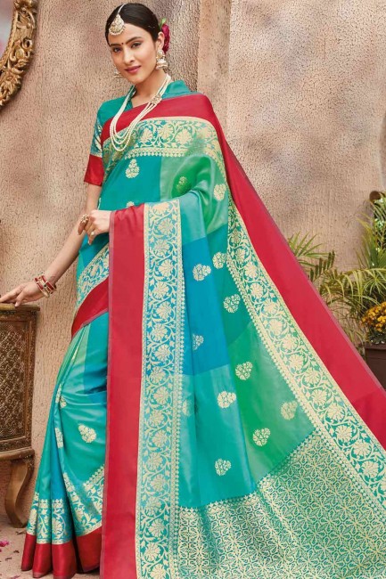 saris turquoise en soie brute banarasi