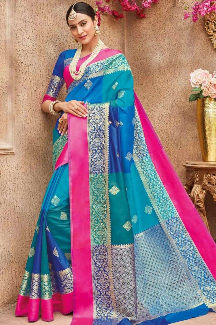 saris de soie brute banarasi avec en bleu